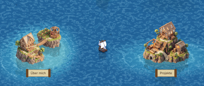 Screenshot der Homepage, ein Boot, welches zwischen zwei Inseln im Wasser treibt